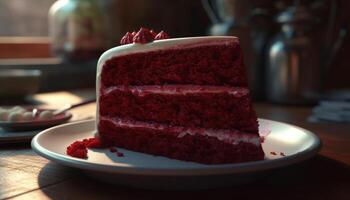 A tempting slice of homemade chocolate cheesecake on a plate generated by AI photo