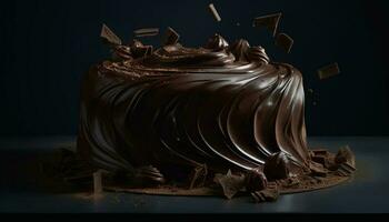 Dark chocolate cake with whipped cream and chocolate sauce decoration generated by AI photo