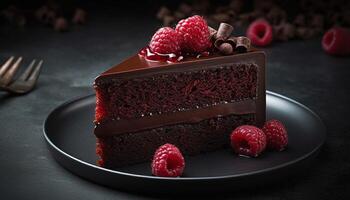 Indulgent chocolate dessert with fresh raspberry slice on gourmet plate generated by AI photo