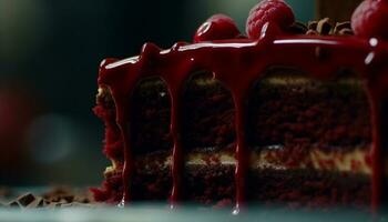 Decadent chocolate cheesecake slice with fresh berry decoration on plate generated by AI photo