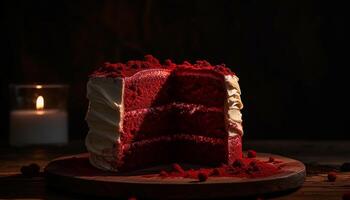 Layered chocolate raspberry cheesecake on rustic wood plate with candle generated by AI photo