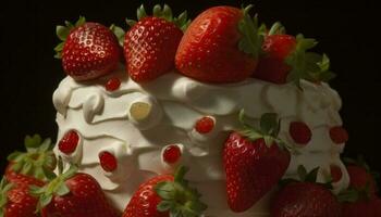 Fresh berry shortcake with whipped cream and chocolate decoration generated by AI photo