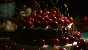 Sweet berry cheesecake with chocolate and fresh fruit decoration generated by AI photo