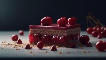 Fresh berry cheesecake slice with raspberry and strawberry decoration generated by AI photo