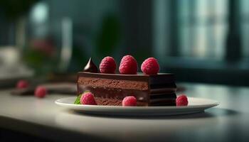Indulgent gourmet dessert plate with fresh berry and chocolate mousse generated by AI photo