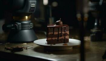 Indulgent homemade chocolate dessert on wood plate with coffee refreshment generated by AI photo