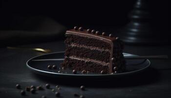 Indulgent chocolate cake slice on gourmet plate, ready to eat refreshment generated by AI photo