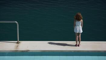 caucásico mujer en pie junto a la piscina, disfrutando sereno verano soledad generado por ai foto