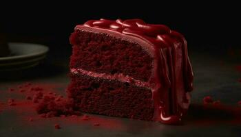 Homemade gourmet chocolate dessert with fresh raspberry and sweet icing generated by AI photo