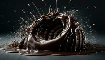 Melting chocolate sauce pouring over gourmet dessert, sweet indulgence generated by AI photo