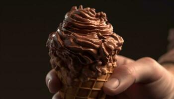 Hand holding gourmet ice cream cone, indulgence in sweet temptation generated by AI photo