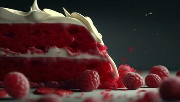 Sweet berry cheesecake with raspberry and strawberry decoration on plate generated by AI photo