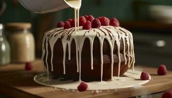 Homemade chocolate cake with raspberry and strawberry decoration, whipped cream generated by AI photo