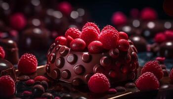 Fresh berry dessert indulgence on wooden plate with dark chocolate generated by AI photo