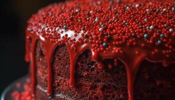 Chocolate cake slice with strawberry decoration on black background generated by AI photo