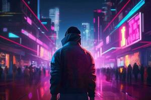 AI Generated Bustling city street with neon lights and towering skyscrapers. A person in a cyberpunk outfit with a visor walks past. photo