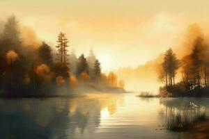 AI Generated Serene lake scene at dawn, with mist rising from the water and golden light illuminating the surrounding trees. photo