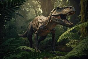 Tyrannosaurus Rex standing in a lush jungle with tall trees and ferns. photo