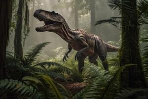 Tyrannosaurus Rex standing in a lush jungle with tall trees and ferns. photo
