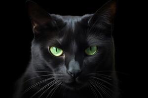 Minimalist portrait of a sleek black cat, with piercing green eyes and subtle shadows. photo
