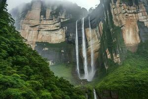 AI Generated The towering waterfalls cascaded down the rocky cliffs, creating a mesmerizing sight. photo