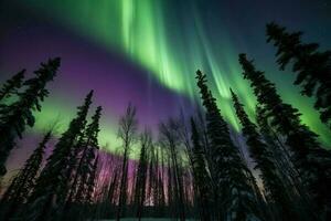 ai generado Aurora borealis bailes a través de el cielo en un asombroso monitor de color. foto