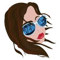 The face of a girl whose sunglasses reflect the sun and palm trees. The concept of summer holidays on the beach. illustration for your design. Vector. vector