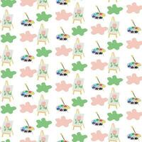 Easel and colorful palette with paints, brush. Elements of the artist. Seamless pattern. Vector illustration, flat design, cartoon style.