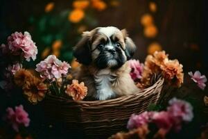 AI Generated Cute puppy sitting in a basket, surrounded by colorful flowers and butterflies. photo