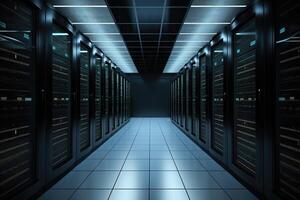 Dramatic image of a data center with servers and storage. photo