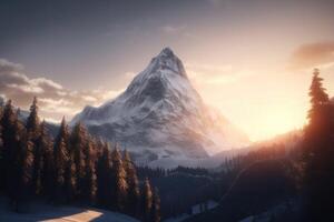 AI Generated Snow-covered mountain peak, stretching upwards towards the sky and bathed in the warm glow of a sunrise. photo