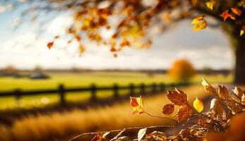 resumen otoño escena y Inglés país estilo casa pueblo en fondo, hermosa campo naturaleza con otoñal hojas y Bokeh, generativo ai foto