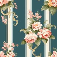 sin costura modelo con flores, clásico país cabaña estilo floral y rayas impresión para fondo de pantalla, tela y producto diseño, generativo ai foto