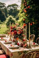 Country tablescape, formal dinner table setting, table scape with strawberry decoration for wedding party and holiday event celebration, photo