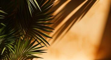 tropical antecedentes para un producto colocación, palma árbol hojas y luz de sol oscuridad en el muro, minimalista botánico fondo, palmas en un caliente soleado día, generativo ai foto