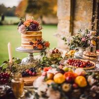 Autumnal dessert buffet table, event food catering for wedding, party and holiday celebration, cakes, sweets and desserts in autumn garden, photo