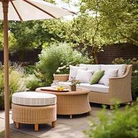 Garden lounge, outdoor furniture and countryside house patio decor in a country cottage style, photo