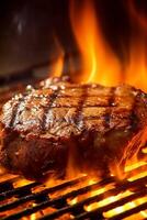 Meat beef steak grilled on fire, food bbq and hot grill, photo