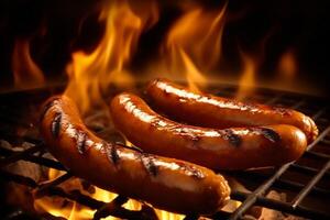 Hot spicy meat sausages grilled on fire, food bbq and grill, photo