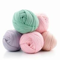 Yarn balls for knitting and crochet isolated on white background, cotton wool clews and skeins as natural organic material for knitwear, diy handmade fashion, photo