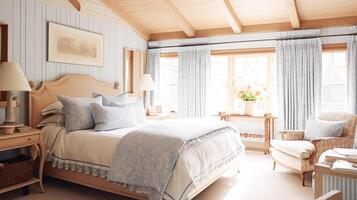 Interior design, bedroom decor and home improvement, country cottage style furniture, bed, bedding and textiles with blue accents, photo