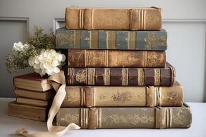 Stack of antique vintage old books, reading in old library and education, photo