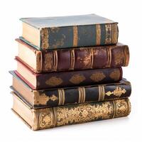 Stack of antique vintage old books isolated on white background, reading in old library and education, photo