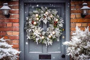 Christmas holiday, country cottage and snowing winter, wreath decoration on a door, Merry Christmas and Happy Holidays wishes, photo