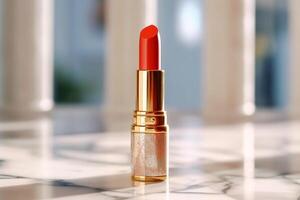 Luxurious red lipstick in golden tube on marble, beauty cosmetic and luxury make-up product, photo