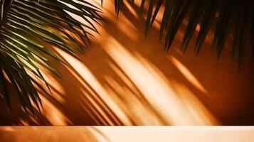 Tropical background for a product placement, palm tree leaves and sunlight shadows on the wall, minimalistic botanical backdrop, palms on a hot sunny day, photo