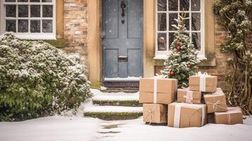 Navidad regalos entrega, postal Servicio y fiesta regalos en línea compras, envuelto paquete o empaquetar cajas en un país casa peldaño en un nevando invierno, generativo ai foto