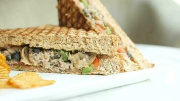 Tuna sandwich and chips on a plate on table video