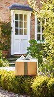 Elegant gift shop delivery, postal service and luxury online shopping, parcel box with a bow on a house doorstep in the countryside, photo