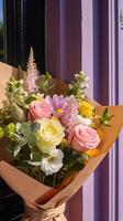 Flower shop delivery and holiday gift postal service, beautiful bouquet of flowers on a house doorstep in the countryside, photo